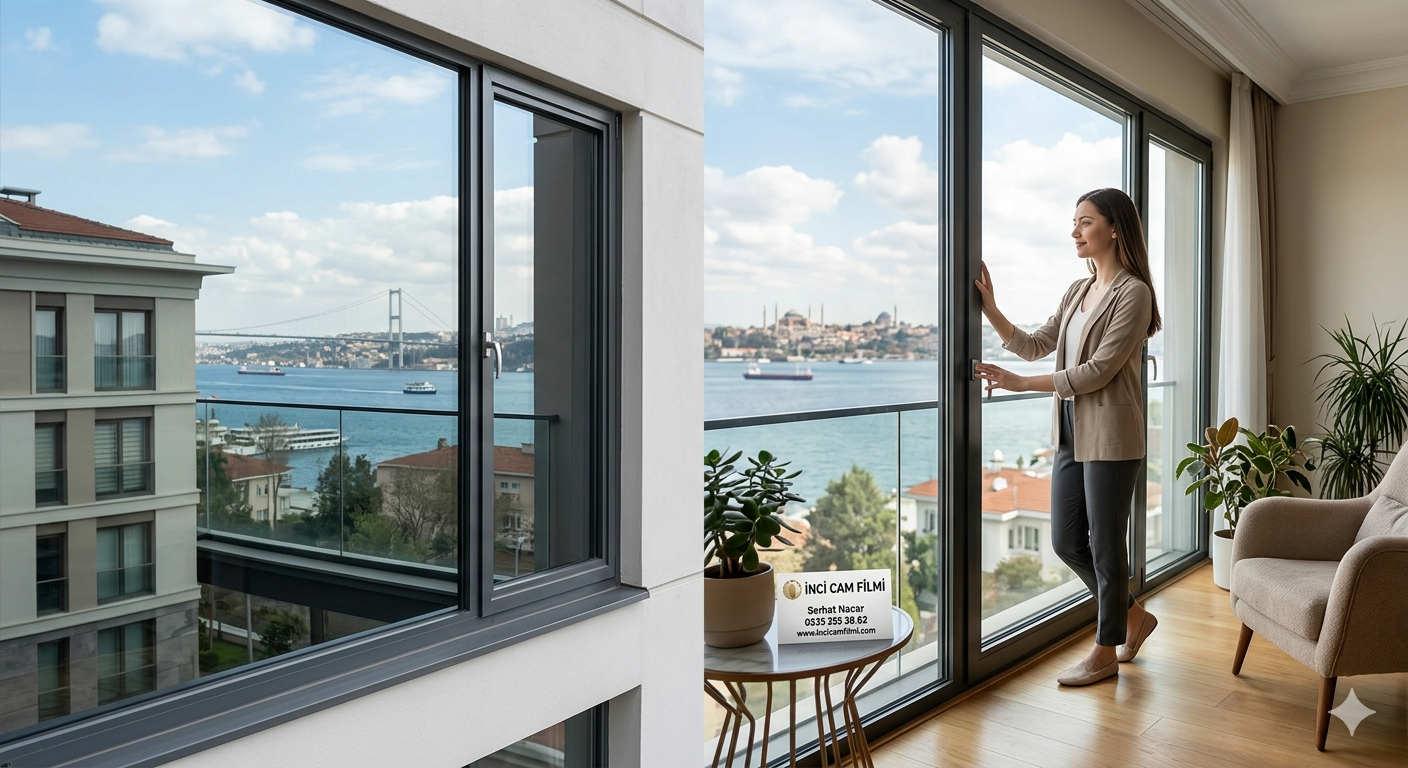 İki farklı açıdan görünen İstanbul Boğazı ve köprü manzaralı bir dairenin iç ve dış çekimi. Görselde bir kadın büyük pencereden manzarayı izliyor ve 'İnci Cam Filmi'nin iletişim bilgilerini içeren bir kartvizit yer alıyor.