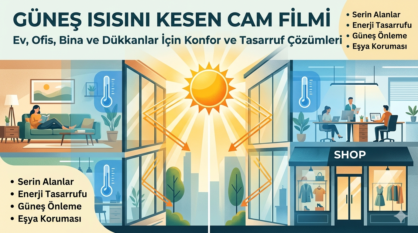 Güneş ısısını kesen cam filmi ile ev, ofis, bina ve dükkanlarda ısı yalıtımı